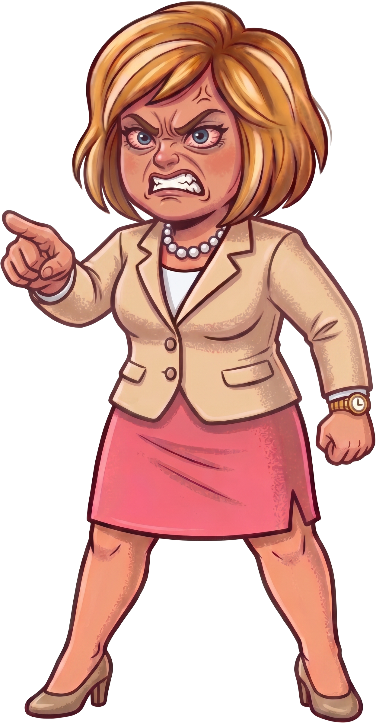 Karen, annoyed and pointing