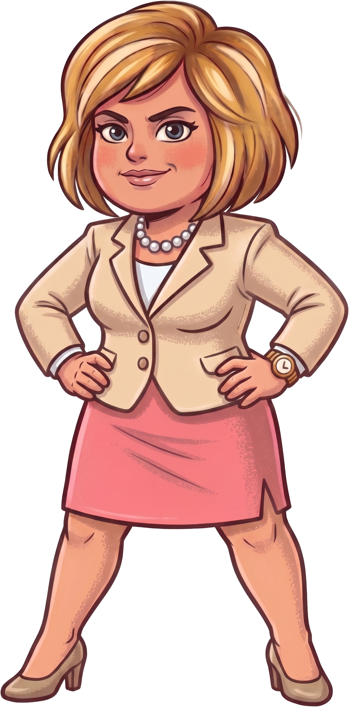 Karen, in a cream blazer and pink skirt, hands on hips